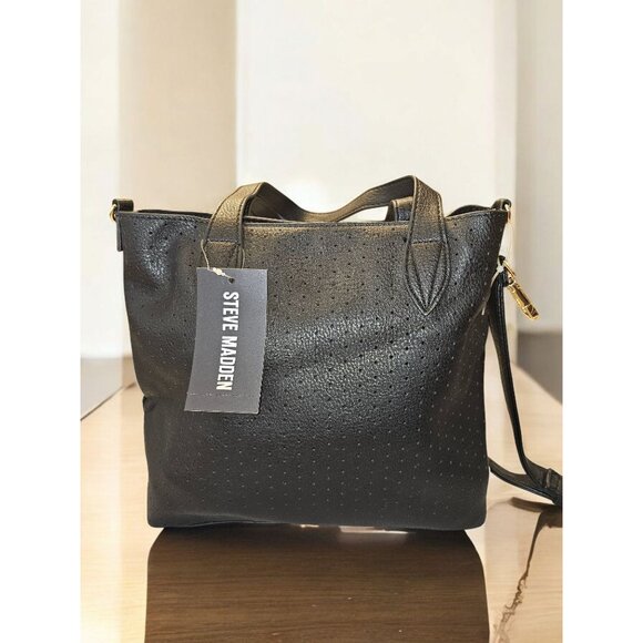 Nwt Steve Madden Black Perforated Tote Bag With detachable strap  Gold Accents - Picture 1 of 16